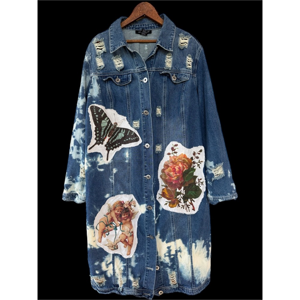 Upcycled Denim‎ Coat Cherub Rose Patch Long Jacket Boho Folk Art XL/XXL